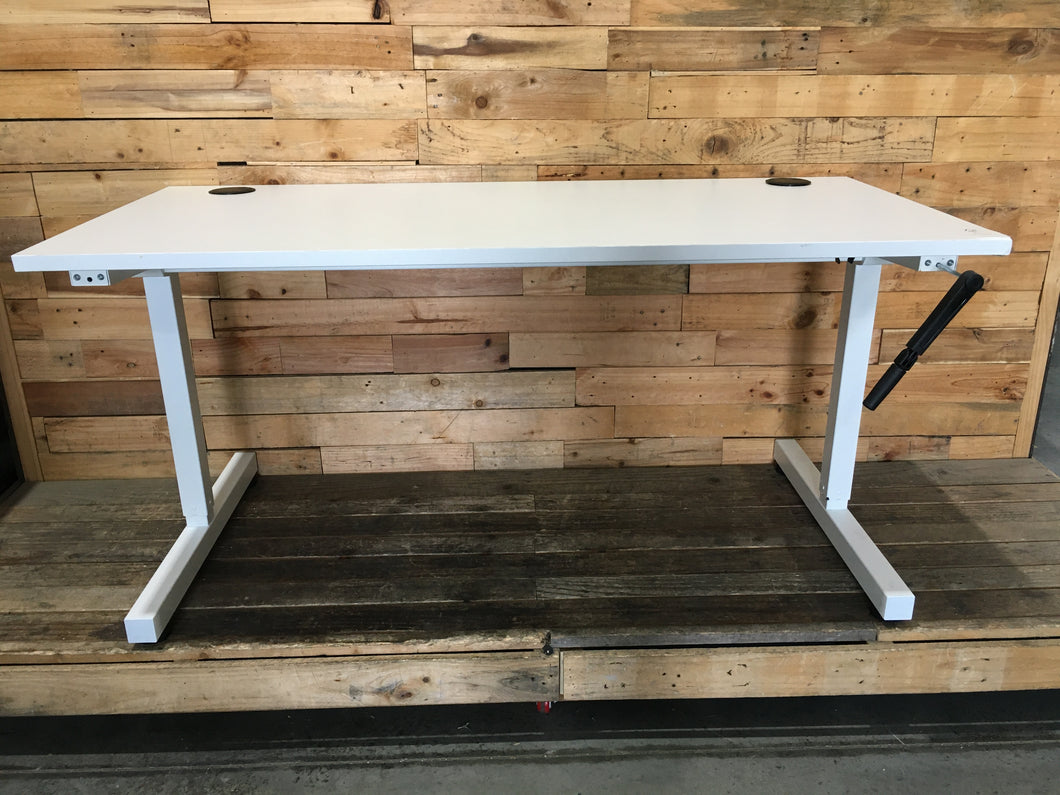 White manual crank sit stand desk