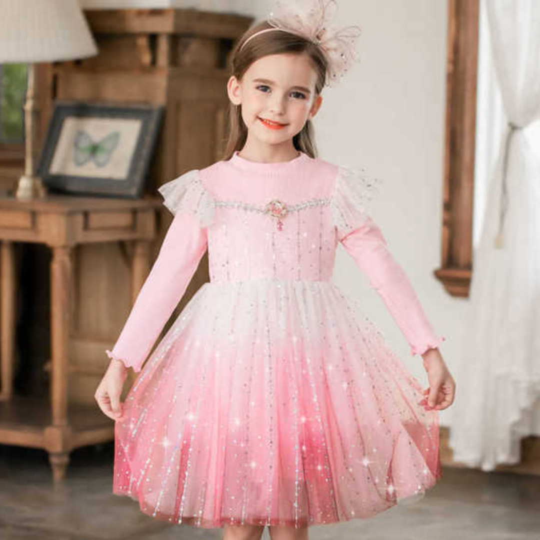 Butterfly Sleeves and Diamond Rhinestone Knitted Girl Dress