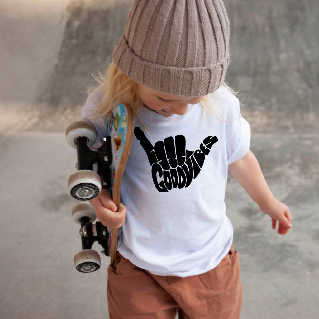printed good vibes toddler t-shirt by bayridgecaskandkeg