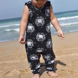 bayridgecaskandkeg organic Lion Noir Toddler & baby dungarees. Handmade baby dungarees in a  monochrome lion print jersey fabric