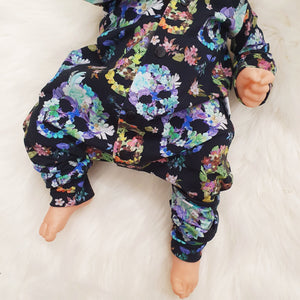 Cool kids clothing, floral skulls romper