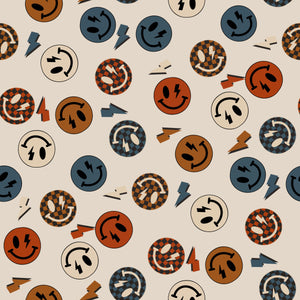 vintage smiley face jersey fabric for use in custom children's clothing by bayridgecaskandkeg