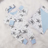 New baby gift set comprising a romper, blanket and headband made with bayridgecaskandkeg's Welcome to the world fabric which is white with black writing. The gift is accented with baby blue