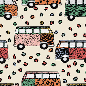 Leopard print campervan jersey fabric for use in custom kids clothing by bayridgecaskandkeg