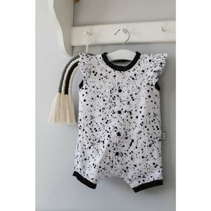 Unique children's fashion - Monosplatter baby romper with frill shoulder detail and coordinating accessories by bayridgecaskandkeg