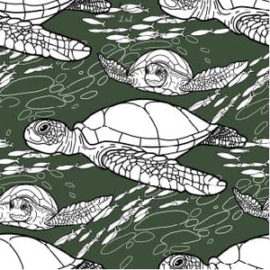 Organic jersey fabric featuring hawk-bill turtles swimming against a green background