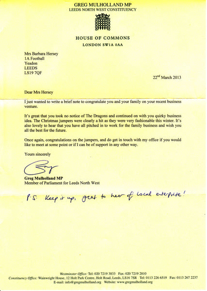 MP letter for Woolly Babs Christmas Jumpers