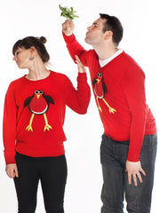 Matching his hers Christmas jumpers robin