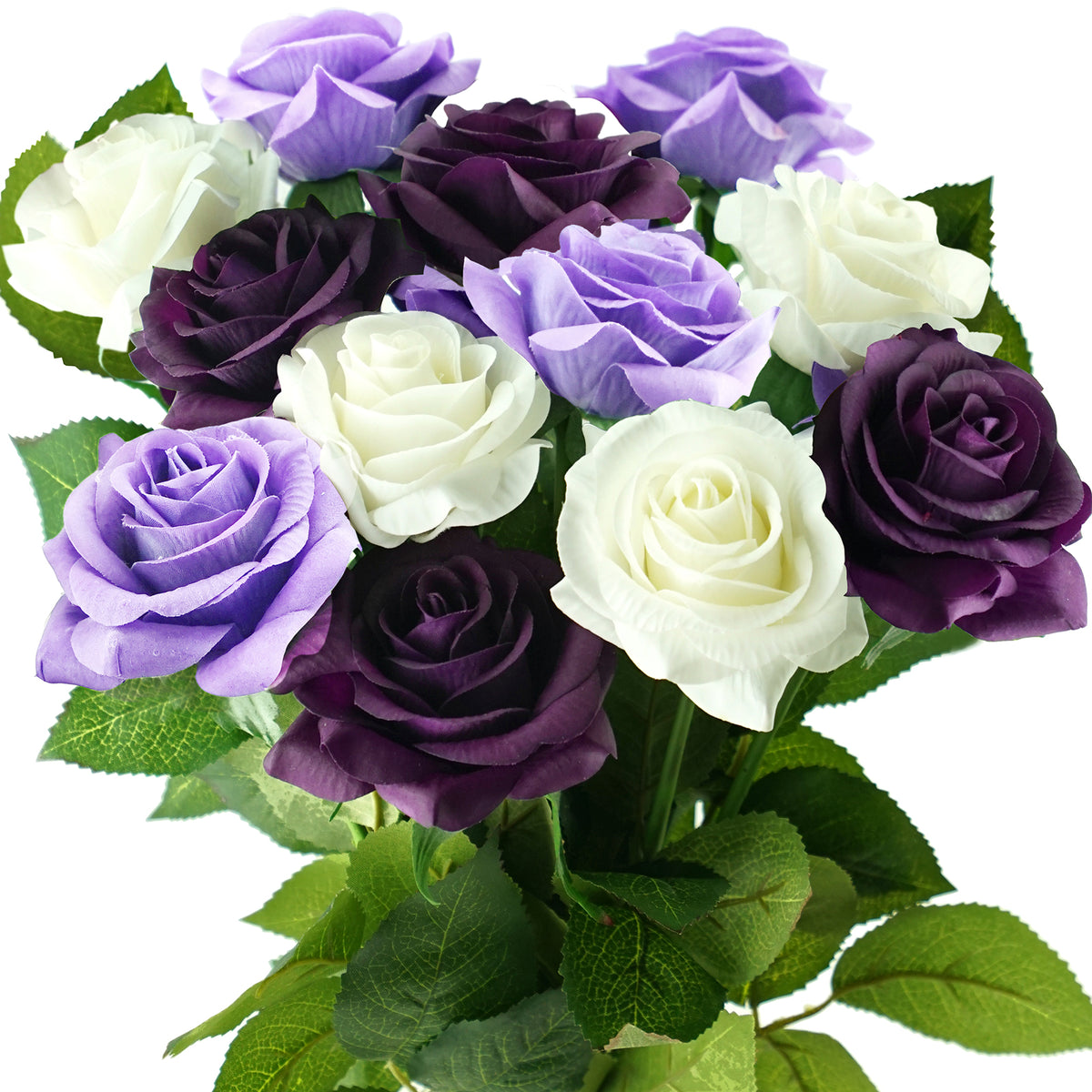 Real Touch 12 Stems Dark Purple White Mix Silk Artificial Roses Flow Fiveseasonstuff