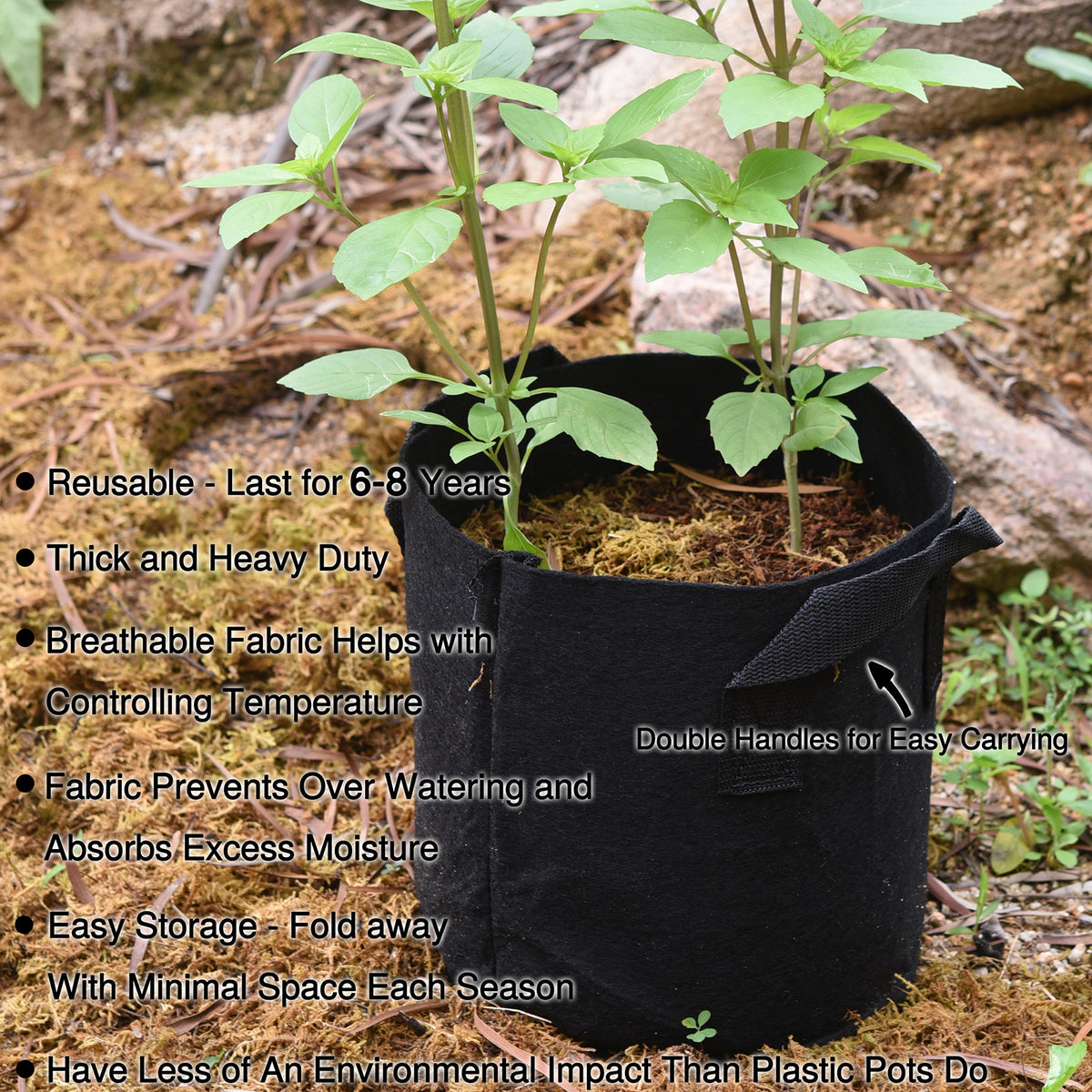 5-Pack Black Grow Bags Aeration Fabric Pots w/Handles Root Container 