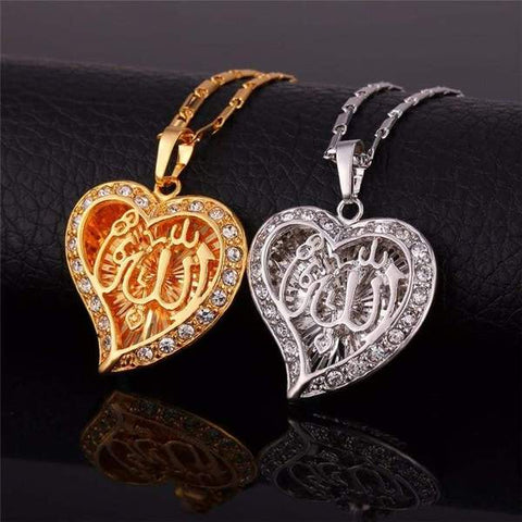Allah Heart Necklaces & Pendants Silver/Gold Color Rhinestone from Almas Collections