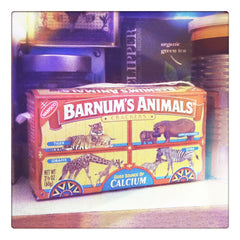 Curio & Co. looks at the power of packaging with classic childhood treat Animal Crackers in a Barnum's Animals Circus Wagon Box. Kitchen Cabinet, animal crackers, packaging as toy, vintage circus. Curio and Co. www.curioandco.com