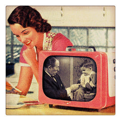 Curio & Co. takes a look at what makes a TV personality different from other celebrities - retro photo of 1950s woman looking at a magazine with a vintage TV showing Art Linkletter's classic tv show Kids Say the Darndest Things. Curio and Co. OG. www.curioandco.com