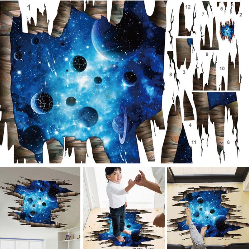 Outer Space Planets 3d Wall Stickers Cosmic Galaxy Wall Decals For Kids Room Baby Bedroom Ceiling Floor Decoration