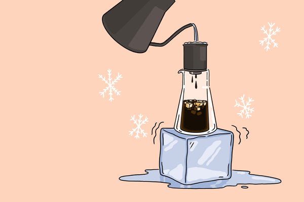 Illustrated Fellow Stagg EKG brewing iced coffee into Stagg [X] Dripper on top of an ice