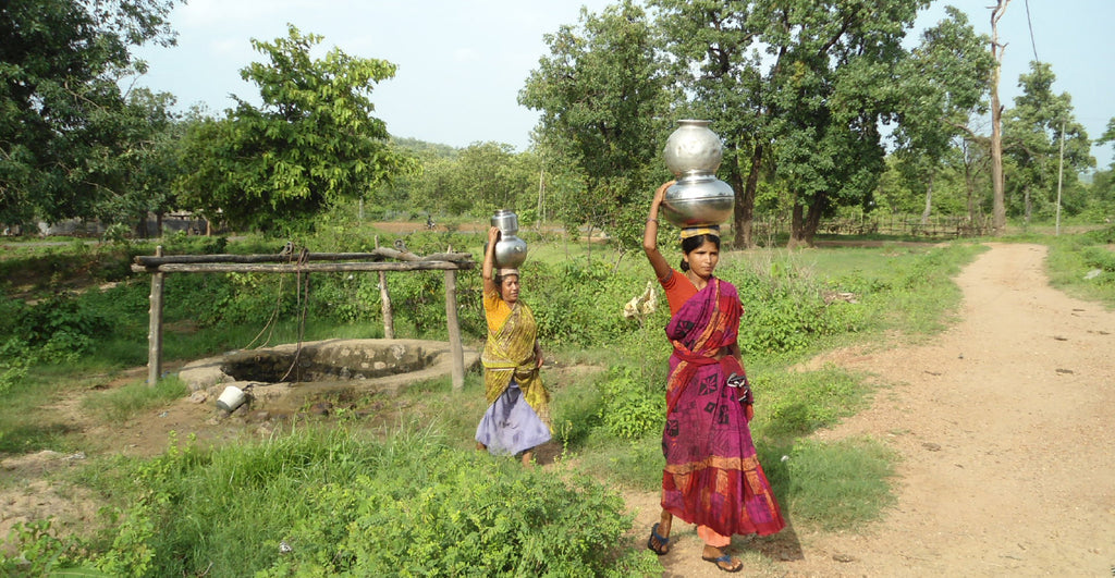 Indian landscape with woman carrying water on her head