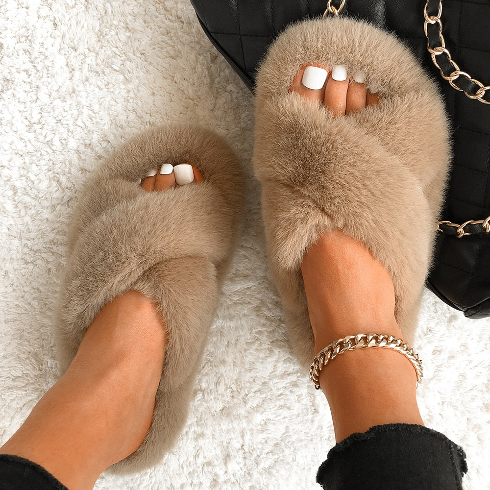 Iuhan Womens Rabbit Fuzzy Fluffy Furry Fur Slippers Flip Flop Open Toe Cozy House Sandals Slides Soft Flat Comfy Anti-Slip Spa Indoor Outdoor Slip on Cute Bear 