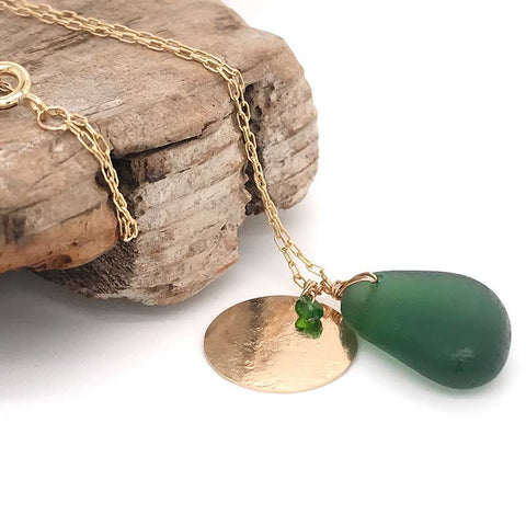 green seaglass necklace with solid 14k gold disc charm kriket broadhurst jewellery Sydney