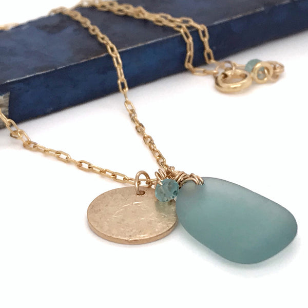 aqua blue seaglass gold dics necklace