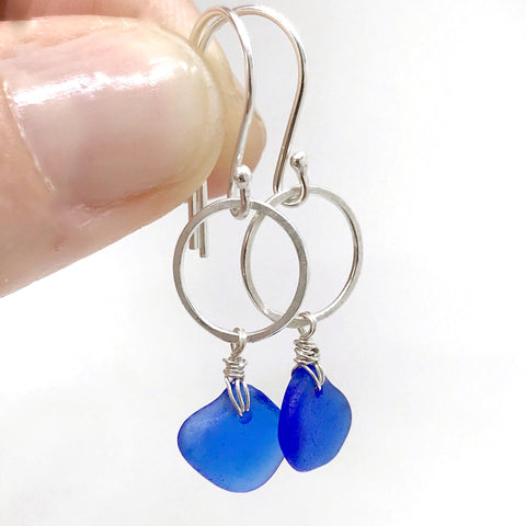 rare cobalt blue seaglass unique earring design sterling silver circle drop earrings kriket broadhurst jewelry