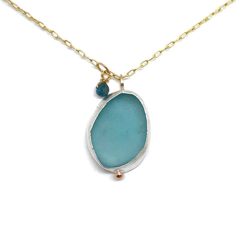 kriket broadhurst seaglass jewellery Japanese aqua bezel set in silver on a gold chain necklace with a rough cut blue diamond