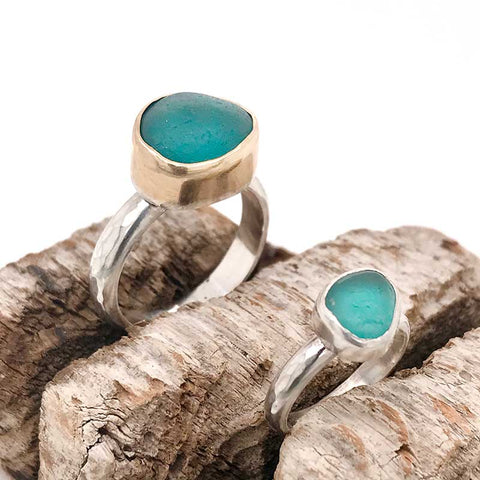 teal sea glass ring sterling silver and 14k gold kriket broadhurst jewellery