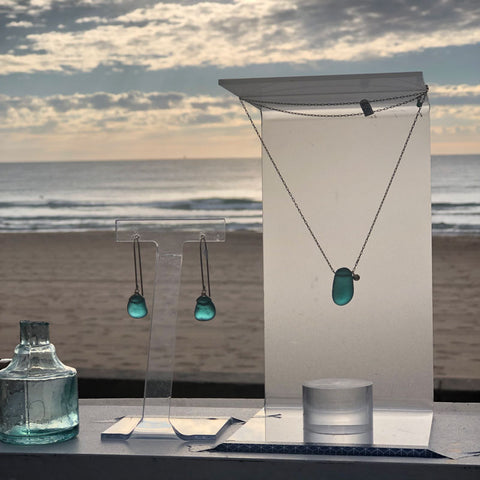 kriket broadhurst seaglass jewellery teal earrings and necklace on manly beach