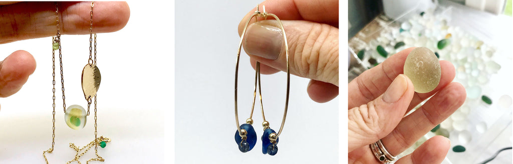 handmade seaglass jewellery, gold sea glass necklace, blue sea glass hoops