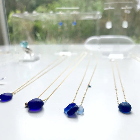 rare cobalt blue sea glass pendant necklaces on gold chain kriket broadhurst jewellery