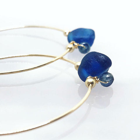 unique cobalt blue seaglass gold hoop earrings with sapphires Kriket Broadhurst jewellery