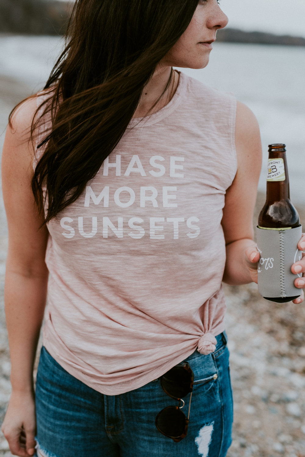 chase more sunsets pink blush tank top and beverage koozie