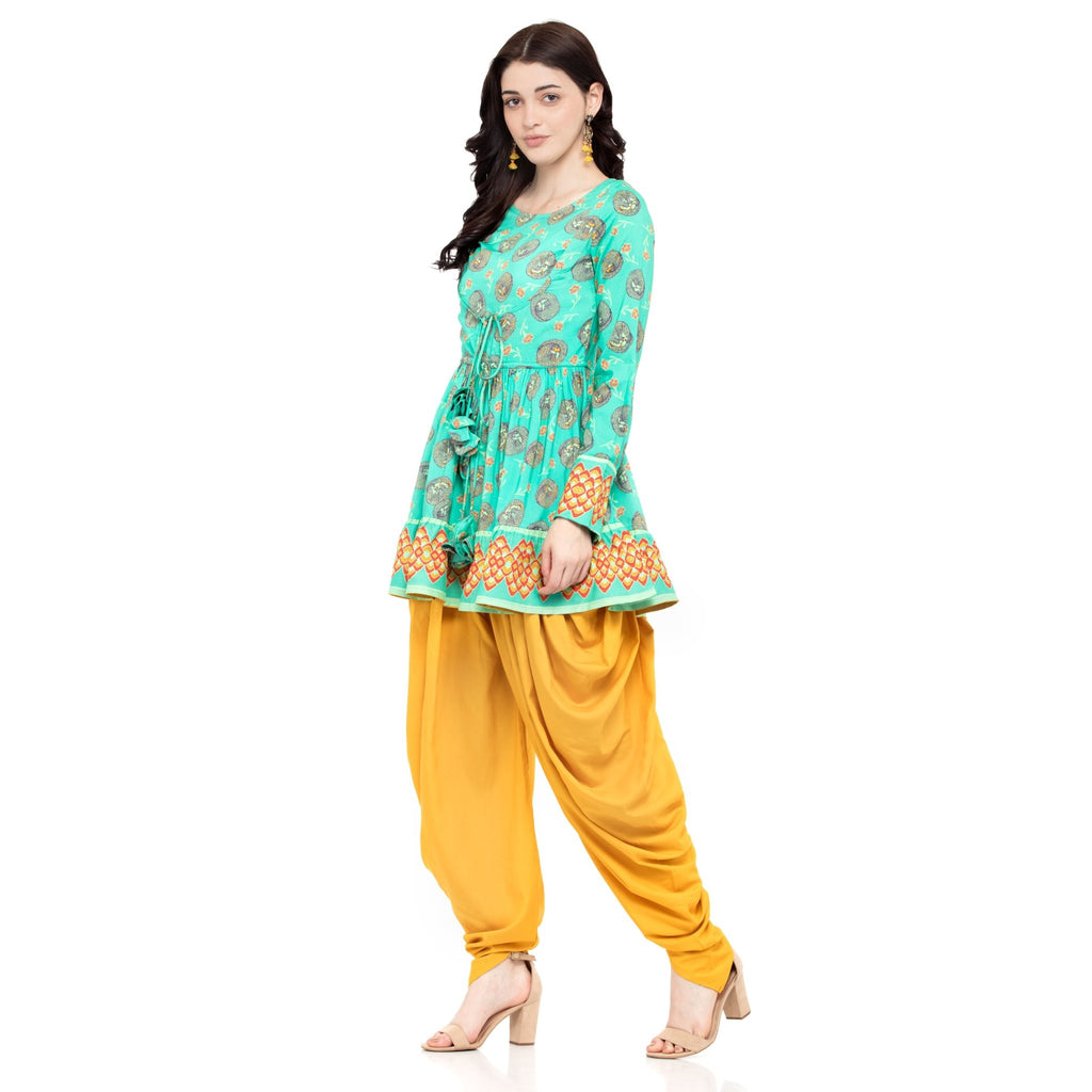 Sea-Green Short Peplum Kurti With Yellow Cowl Dhoti – ZOMO