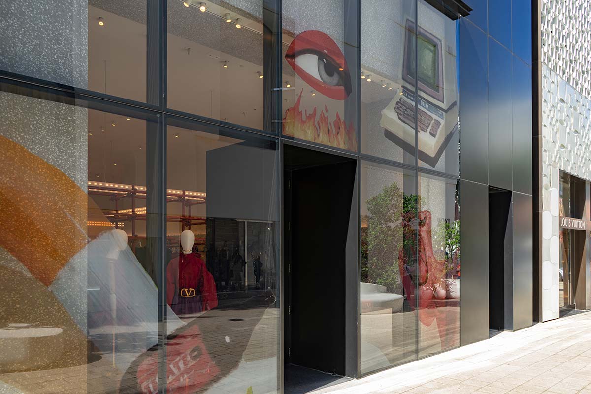 Emilio Villalba x Valentino: Miami Design District boutique facade during Art Basel Miami Beach 2019 close up