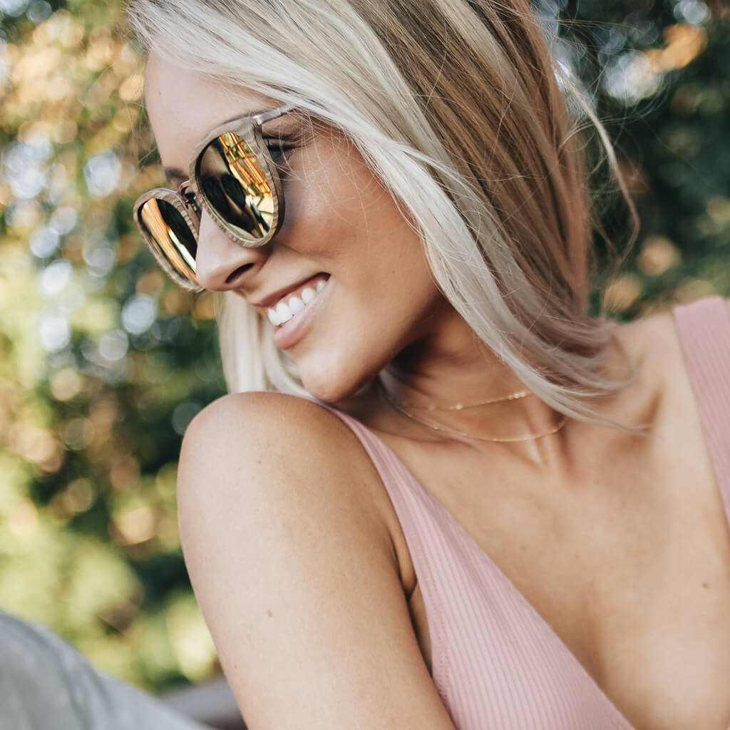 New Meadows Zebra FSC-Certified Sustainable Wood Sunglasses with Rose Gold Mirror Polarized Lenses