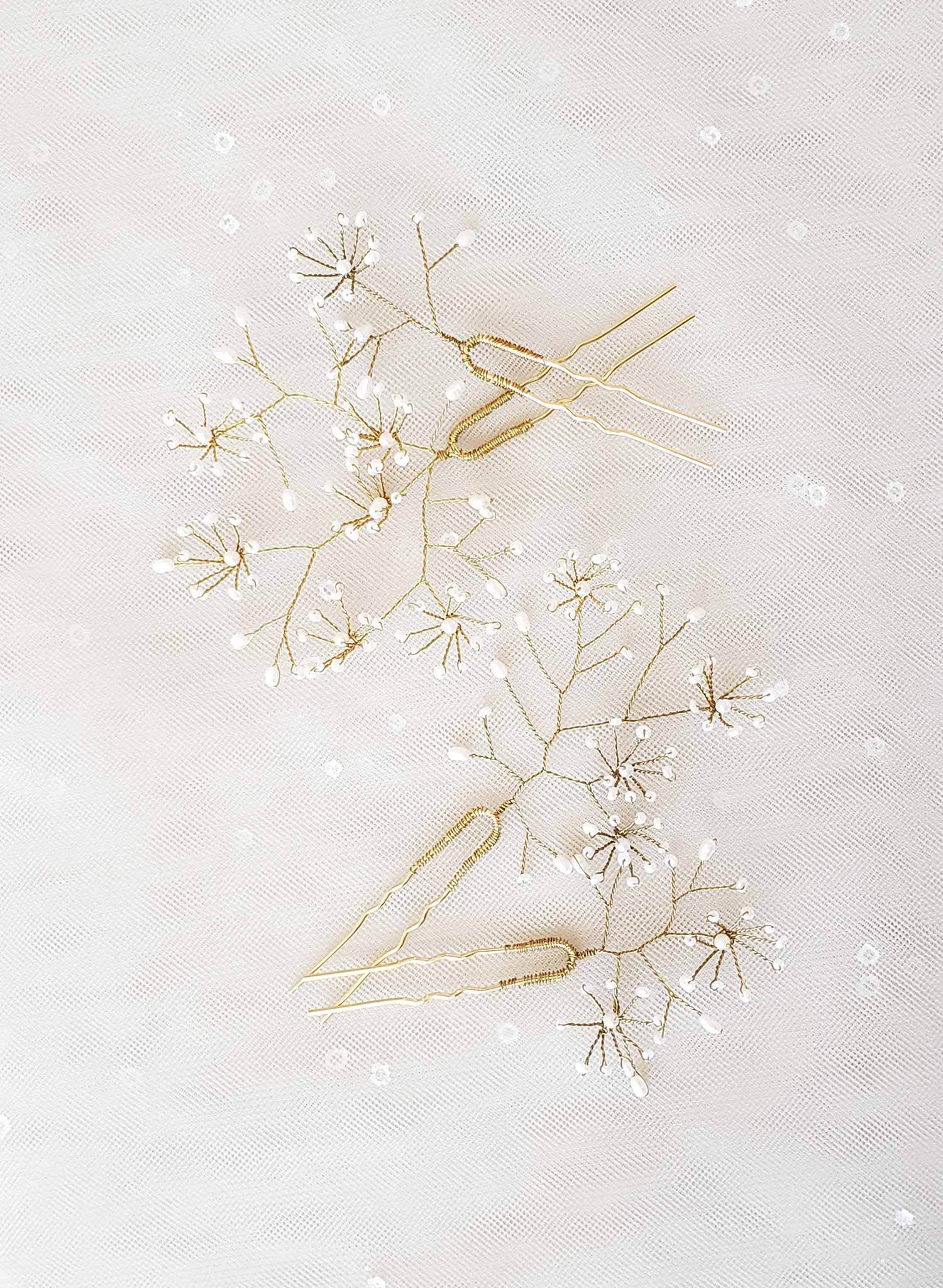 bridal babys breath hair pin set, breathless flowers, pearls