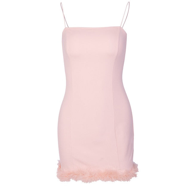 Dusty Pink Fuzzy Fur Trim Bodycon Dress 