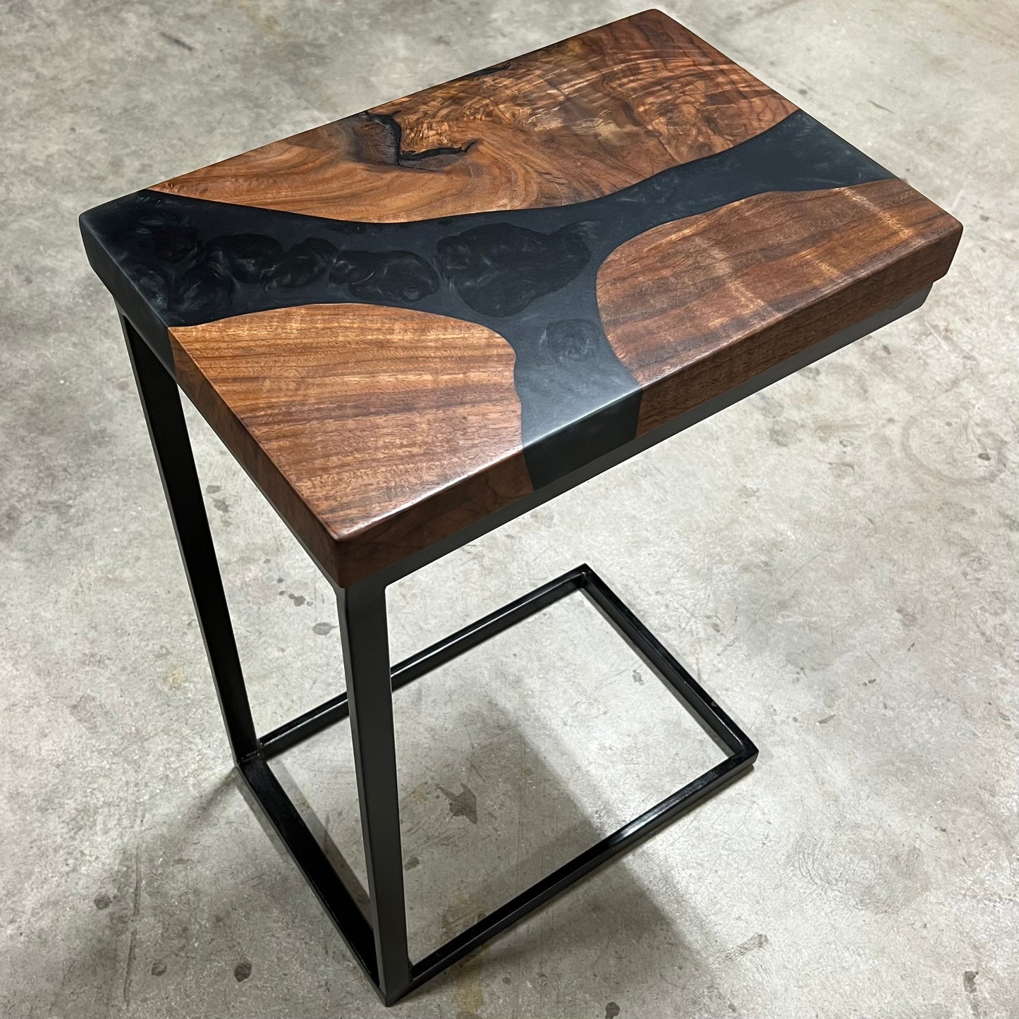 Black Walnut C-Table with Smokey Black River