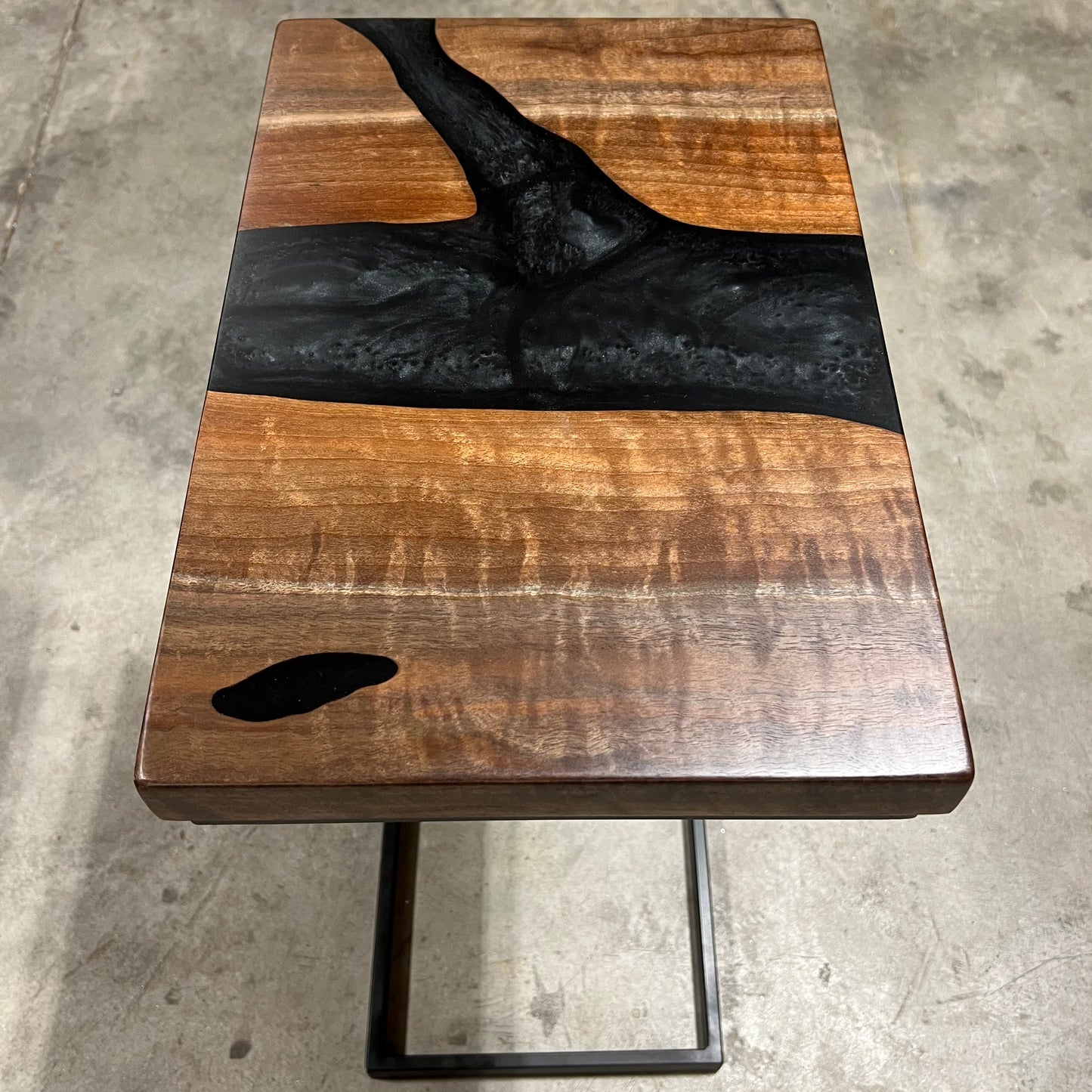 Black Walnut C-Table with Smokey Black River