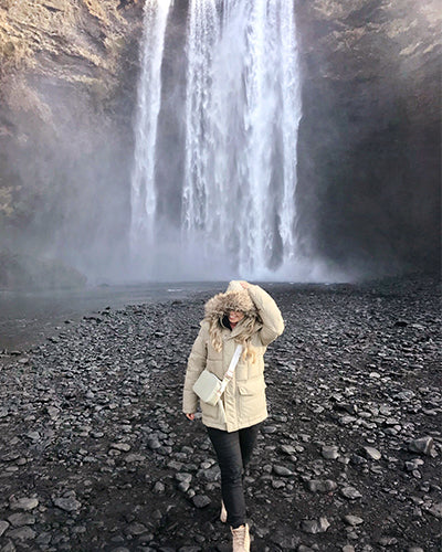 travel guide iceland waterfall monogram crossbody bag; mischa blog