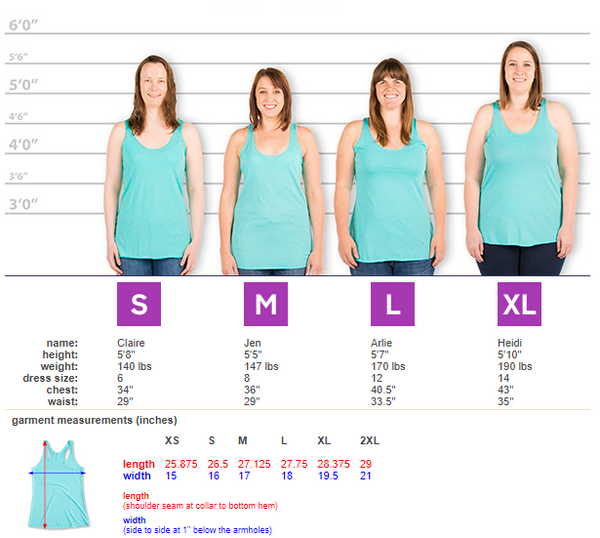 Racerback Tank Size Lineup