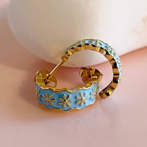 Penny Foggo Earrings Half Hoop Flower Baby Blue Gold