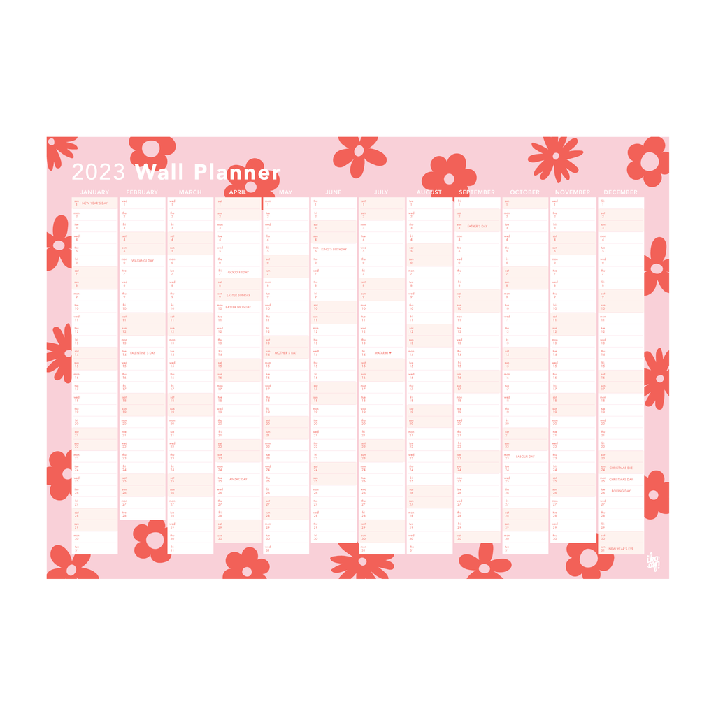 eminentd 2023 Wall Planner Flower Power Pink Red