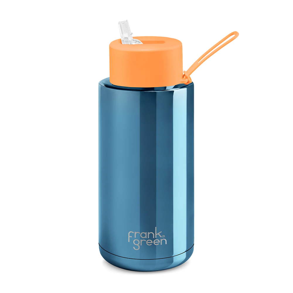 Frank Green Ceramic Reusable Bottle Chrome Straw Lid and Strap 34oz  Blue with Orange