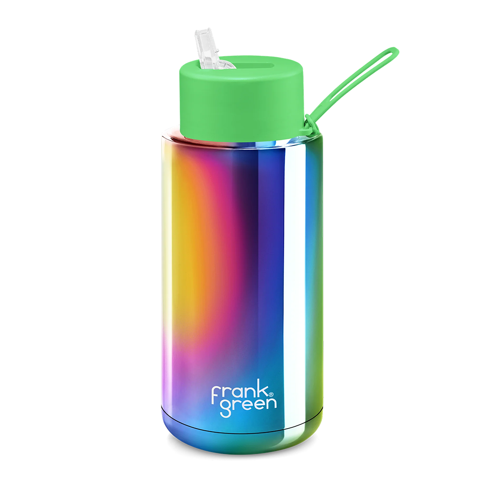 Frank Green Ceramic Reusable Bottle Chrome Straw Lid  and Strap 34oz  Rainbow with Neon Green