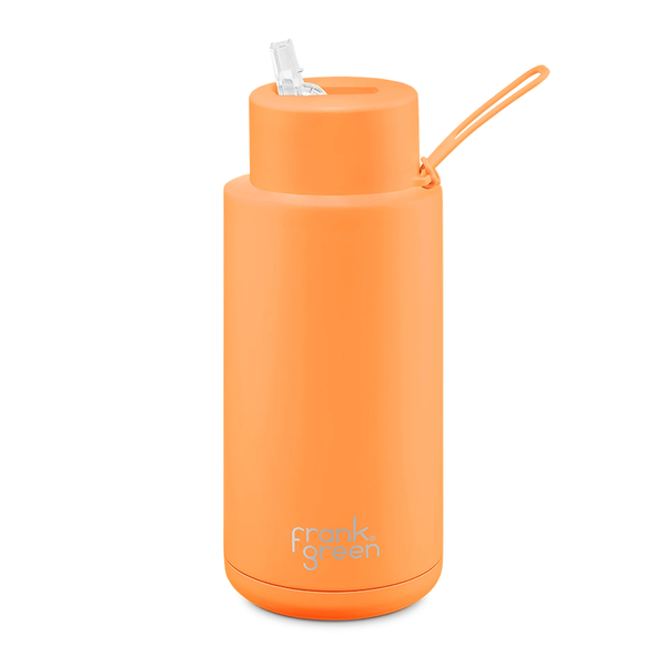 Frank Green Ceramic Reusable Bottle with Straw Lid & Strap 34oz Neon Orange