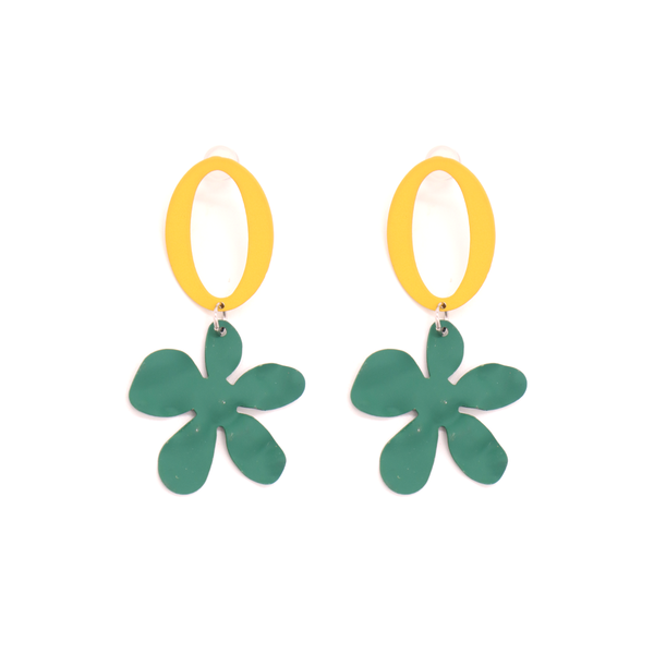 Penny Foggo Earrings Big Oval Flowers Green Yellow