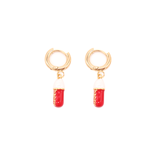 Penny Foggo Earrings Huggies Happy Pill Red Gold