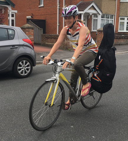 One of our customers using the Mundo Air Pannier to carry her cello