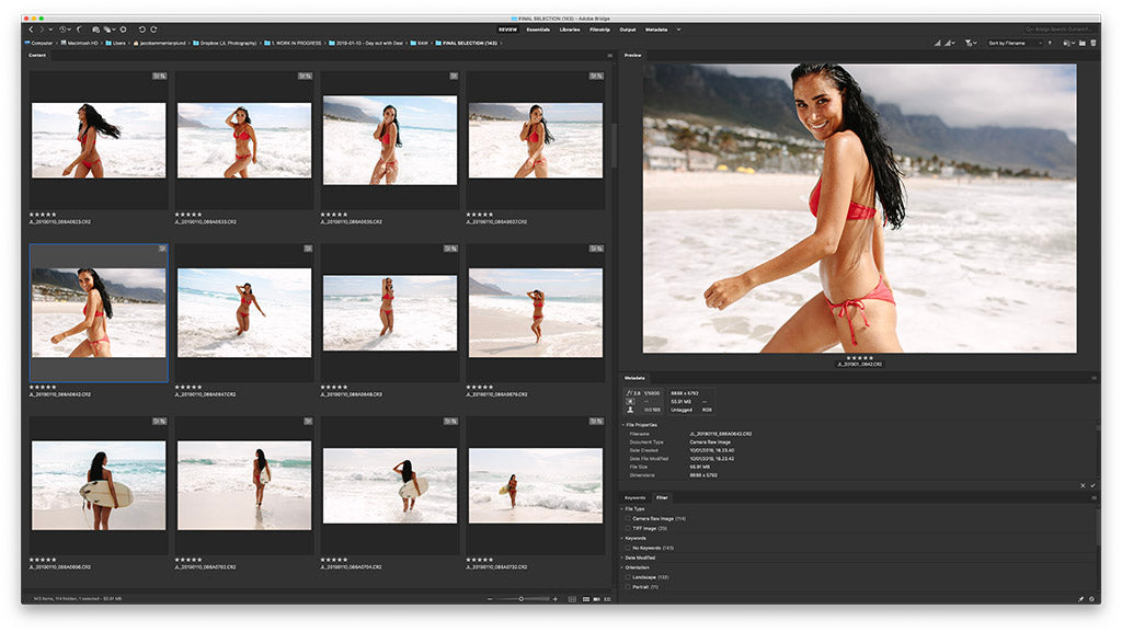 Screenshot of RAW images loaded in Adobe Bridge