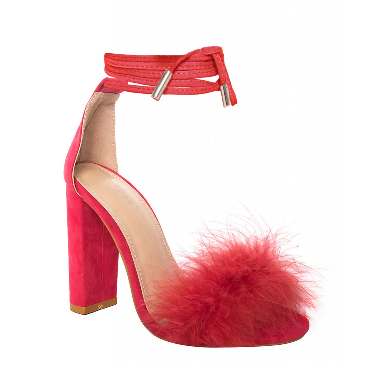 Fur Ball Fluffy Red Block Heels 